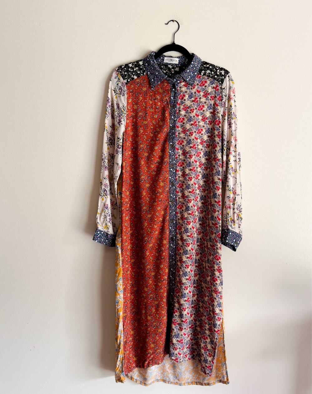 Natural Life Multicolor Floral Print Patchwork Long Sleeve Midi Dress Medium
